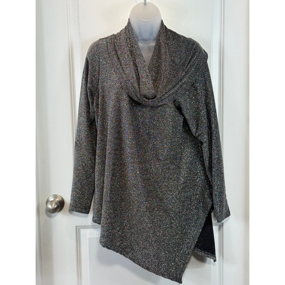 Karen Kane Womens Plus 0X Metallic Shimmer‎ Cowl Neck Asymmetrical Top Black
